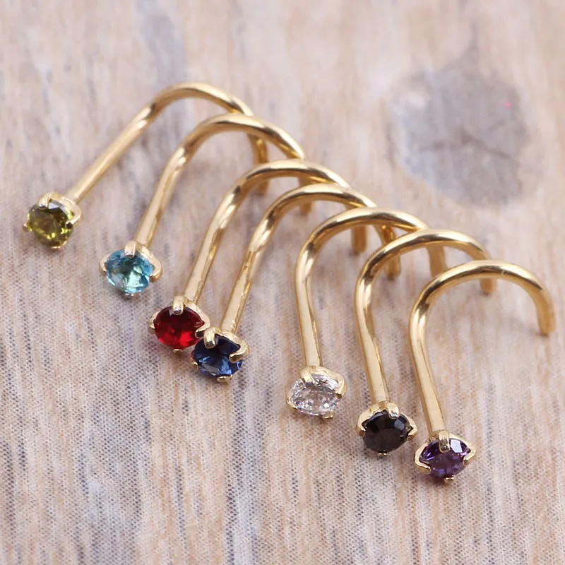 Crysta Gold Silver Zircon Nose Ring Screw Nose Stud Clear Pink Red Purple CURVED STEEL PIN RING PIERCING 20G 0 8mm238I