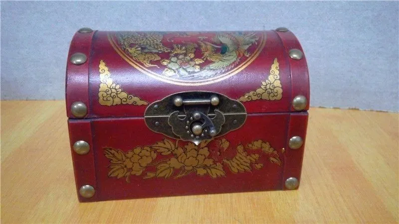 Atacado barato Coleção de Oriental dragão de couro retro artesanal caixa de jóias de madeira tesouro / Frete Grátis