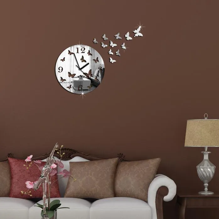 Reloj de pared con espejo de mariposa, pegatinas de pared con espejo para el hogar con personalidad creativa, reloj de bolsillo con perspectiva de espejo acrílico