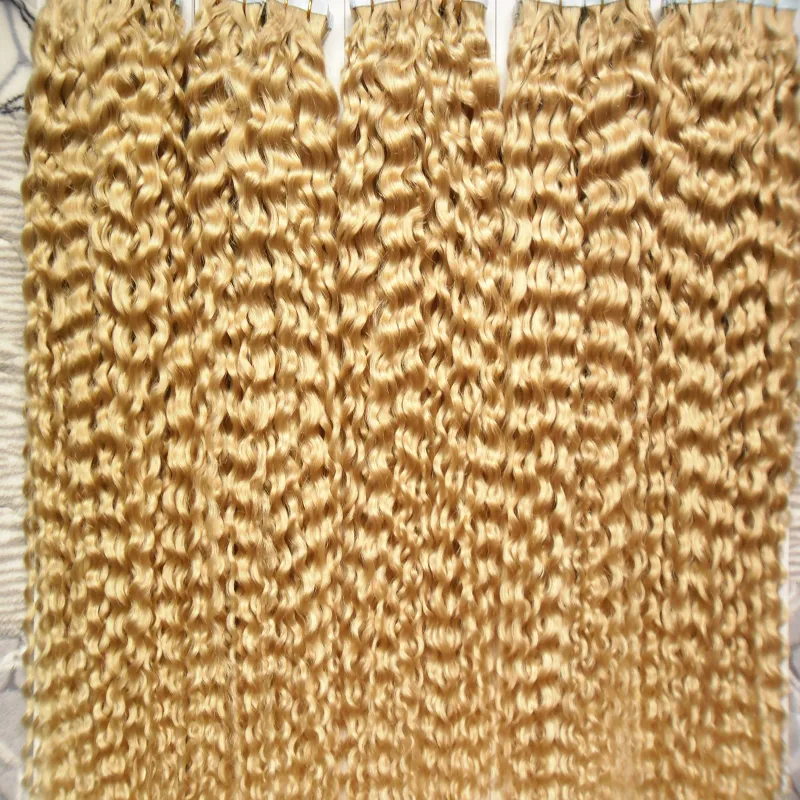 Färg 613 Blek blond brasilianskt hår 500g Applicera tejphäftande hudväfthår Brasiliansk Kinky Curly Tape In Human Hair Extensions