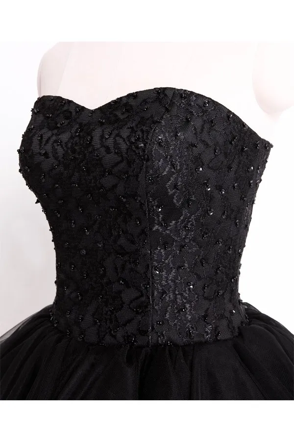 Wunderschönes Sweet-16-Kleid in Schwarz für die Heimkehr, Perlenbesetztes Pailletten-Spitzenoberteil, gerüschter Puffrock, Schnürkorsett am Rücken, trägerlos, Schatz