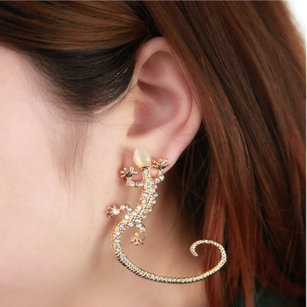 Earcuff mode öron manschett rhinestone örhängen gyllene silver pläterade ödla stud örhängen super söt kristallklämma på örhängen för kvinnor smycken