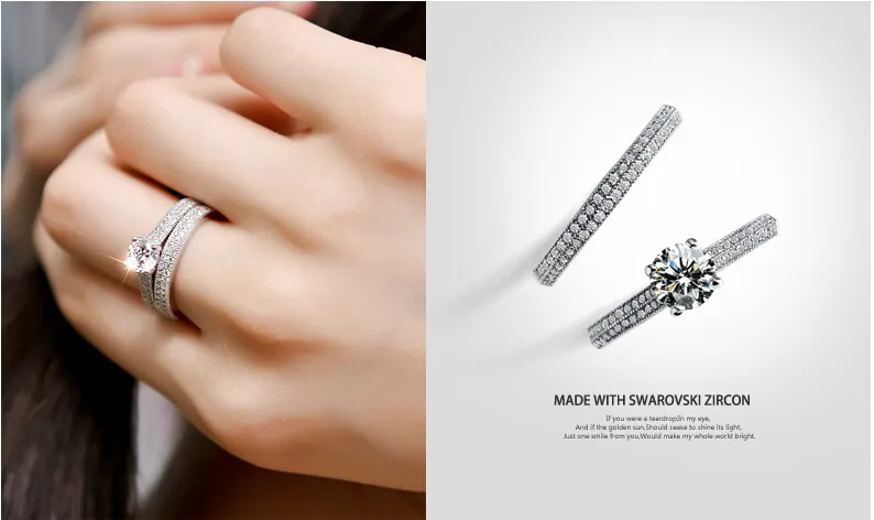 Vecalon 2016 anel de moda anel de casamento conjunto para mulheres 1ct cz anel diamante 925 esterlina prata feminina anel de dedo