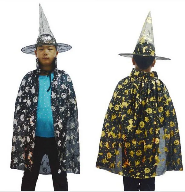 2016 Halloween enfants manteaux sorcière manteau de sorcière manteaux d'or mosaïque costumes de mascarade enfants manteau manteau de sorcière + chapeau deux ensembles
