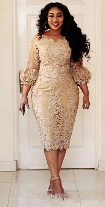 Vintage Champagne Plus Size Abiti per la madre della sposa Pizzo Lunghezza tè 2018 Modest Manica lunga Madre dello sposo Occasione formale Dr220t