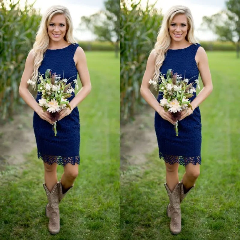 Royal Blue Lace Short Country Bridesmaid Dresses 2016 Cheap Jewel Zipper Back Knee Length For Western Causal Wedding Custom Made EN8159