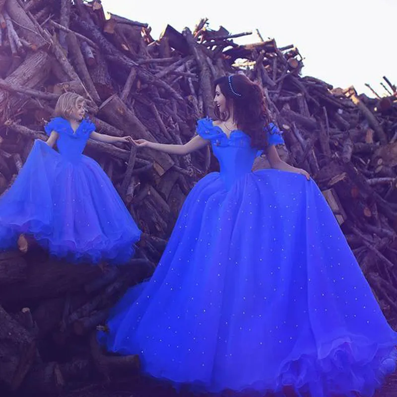 AYDINLATMA Boncuk ile Omuz Kapalı Muhteşem anne kızı Elbise Prenses Mavi Tül Uzun Balo Parti Elbise Örgün Akşam Önlük