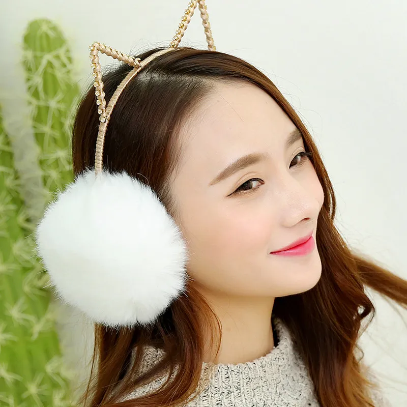 Women Diamonte trimmed Fur Cat Earmuffs Winter Warm 2in 1 Rhinestone headband Ear Muffs 10pcs/lot