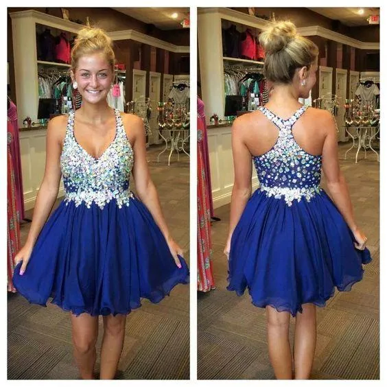 Crystal Royal Blue Prom Dresses Korte Homecoming Jurk Beaded Bandjes Chiffon Mini Rok 8e Graduation Graduation Jurken Rhinestone Party Jurk