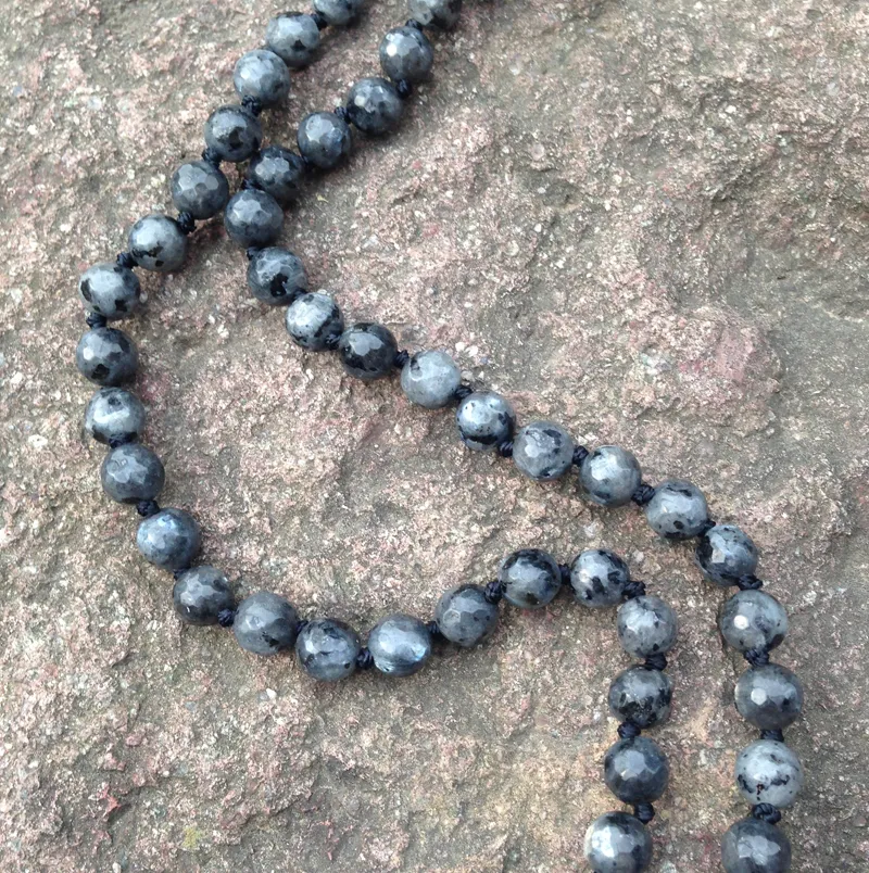 ST0269 Fancy Boho Jewelry Collar largo 40 ''Anudado Hombre Mujer Collares 8mm Black Labradorite Facted Stone collar joyería
