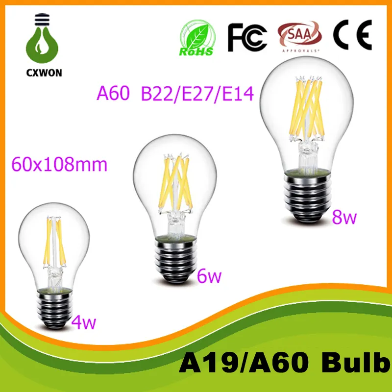 A60 LED 필라멘트 전구 6W 8W LED E27 전구 Global Clear 필라멘트 전구 램프 E27 / E14 / B22 110V 220V