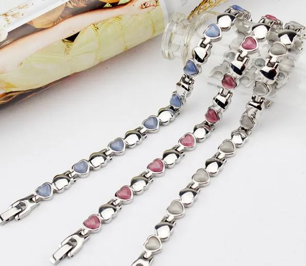 Heart shape health link chain bracelet for girl women good friend friendship magnetic energy bracelets with red white blue opal stones