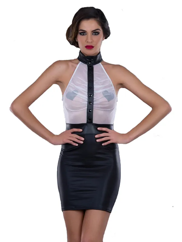 Fétiche Porter Mode Sexy Col Rond Sans Manches Robes De Soirée 30% Faux Cuir Patchwork Maille Blanche Clubwear Érotique Club Dress254x