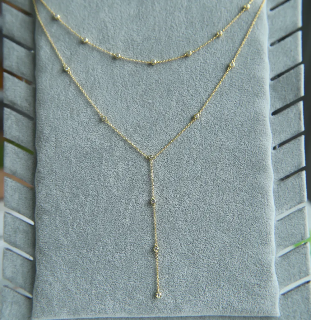 925 Gümüş Katman Uzun Zincir Kolye Kadınlar için Altın Gümüş Renkli Kaplama CZ Döşenlik İstasyon Takı