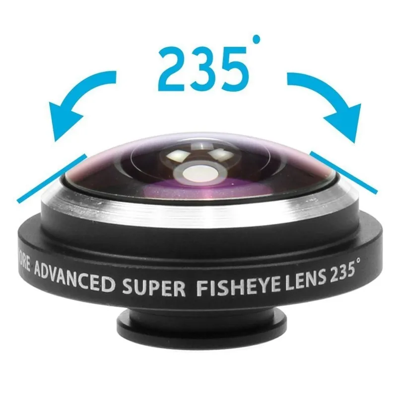 Lente de olho de peixe móvel de lente de olho de peixe super de 235 graus para smartphone com clipe de círculo ampliar lente