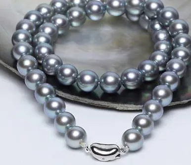 Collana di perle grigie argento naturali da 9-10 mm. Chiusura in argento 925 da 18 pollici