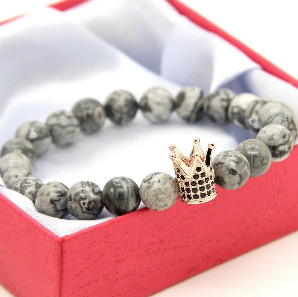 Wholesale High Grade Jewelry 8mm Grey Picture Jasper Stone with Micro Inlay Black CZ Beads Crown Mens Bracelets