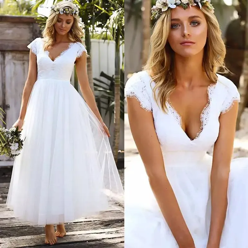 Elegante 2018 pizzo e tulle lunghezza caviglia abiti da sposa country bohémien economici scollo a V manica corta Boho Beach abiti da sposa EN12052