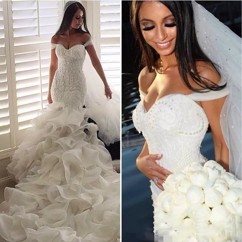 2017 Glamorous Fashion Mermaid Wedding Dresses Off the Shoulder Tiered Skirts Bridal Gowns Lace Ruffles Pearls Sexy Wedding Dress8636257