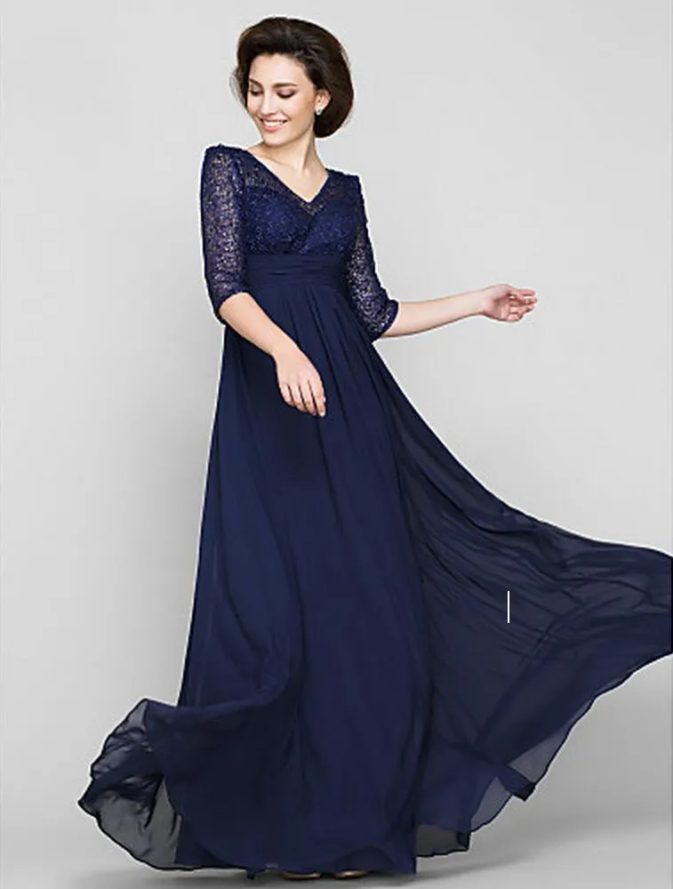 Dark Navy V-neck A-line Floor-length Half Sleeve Lace and Chiffon Mother of the Bride Dress