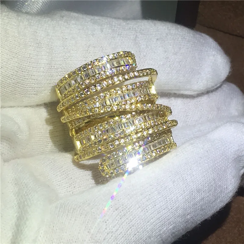 Luksusowy Big Ring Yellow Gold Wypełniony Zaręczyny Zespół Ślubny Pierścionki Dla Kobiet T Kształt 5A Cyrkon Crystal 925 Srebrny Bijoux Prezent