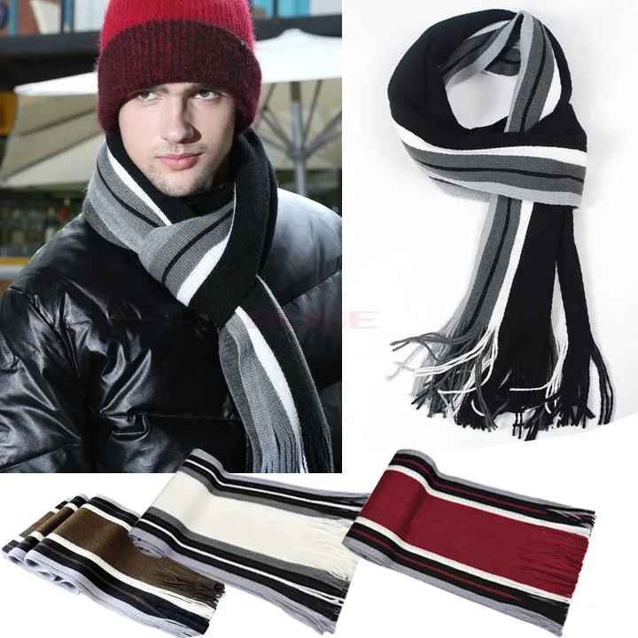 Bufanda a rayas de invierno Vintage para hombre, bufandas con borlas, Pashmina larga, chal de lana Artificial, bufanda larga clásica