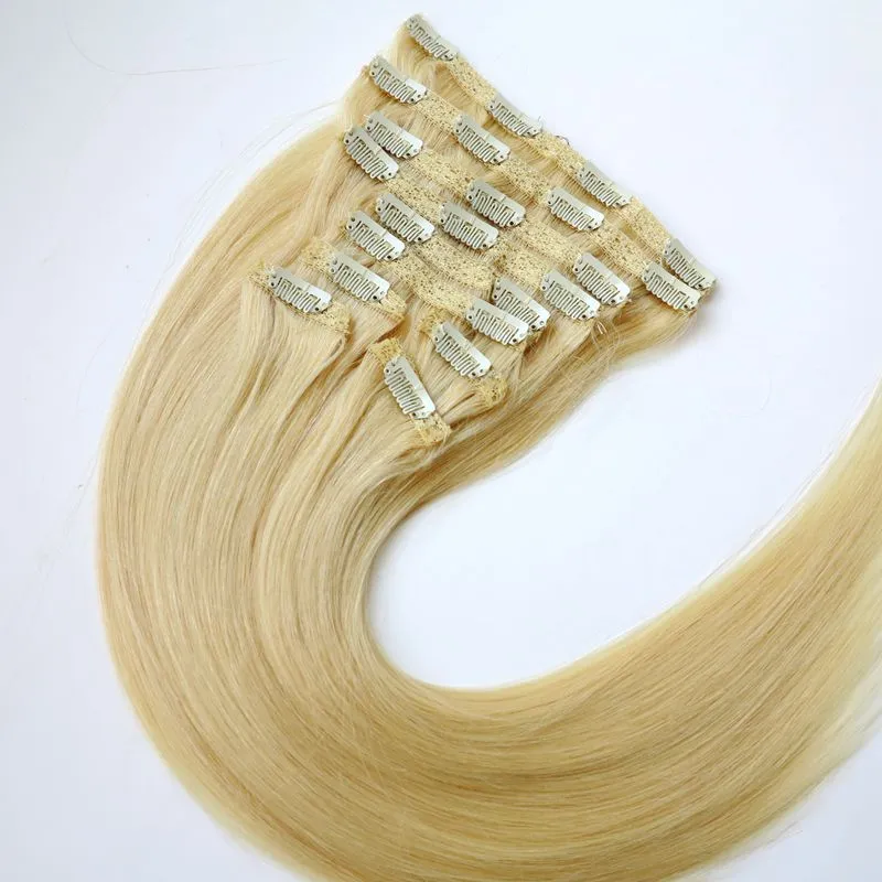 120g 10pcs / 1set Clip in Haarverlängerungen Double Ertrinken # 613 / Bleach Blonde 20 22inch Gerade brasilianische Menschenhaarverlängerungen