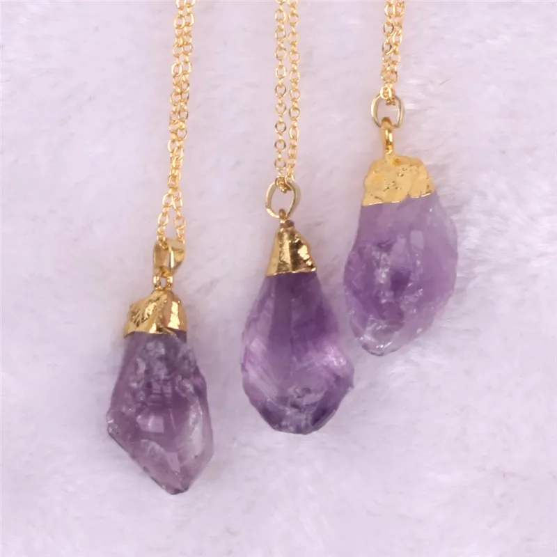 Irregular Handmade Raw Unpolished Amethyst Citrine Crystal Pendant Vintage Gold Plated Quartz Gemstone Necklaces Natural Stone Jewelry Gifts