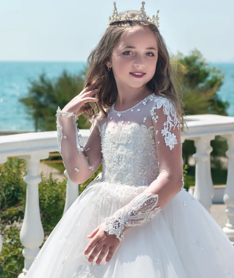 Langarm-Prinzessin-weiße Blumenmädchenkleider mit Vollapplikationen und Juwelenausschnitt, Festzugskleider, Kommunionkleidung, Kinder-Hochzeitskleider