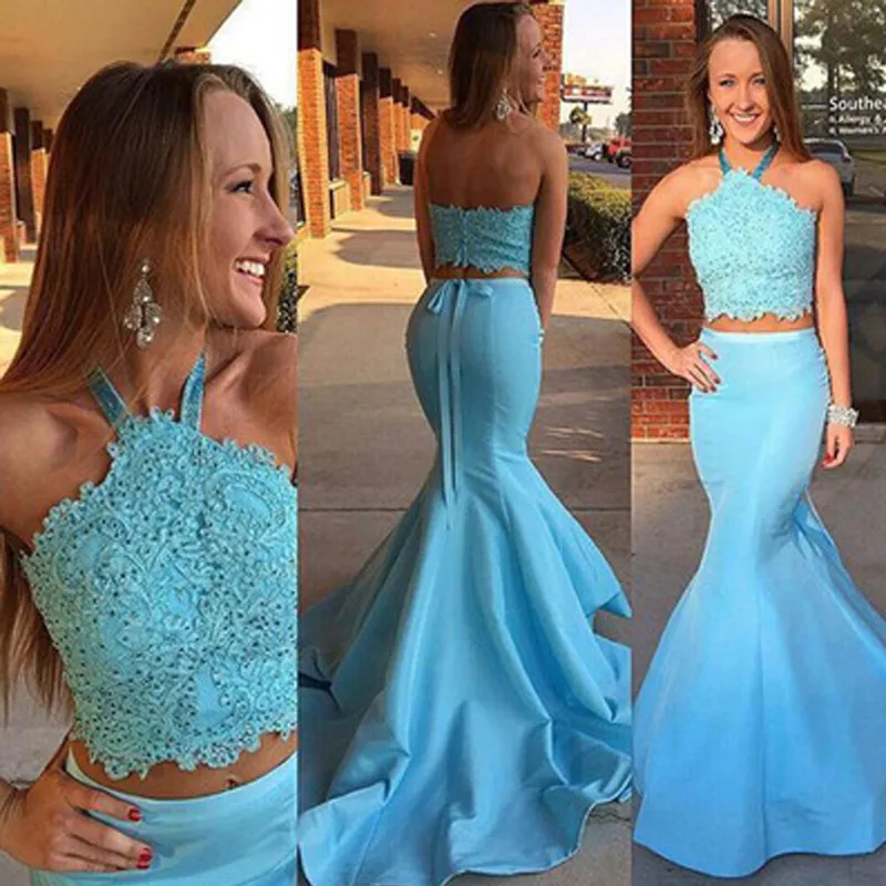 Magníficos vestidos de sirena para el baile de graduación Azul cielo Dos piezas Halter Vestidos de fiesta de noche formales Top corto de encaje con cuentas Sin mangas Tren de barrido