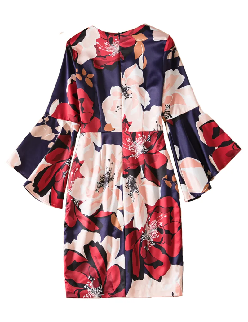 Flower Print Women Sheath Dress Flare Sleeve Casual Dresses 10K581