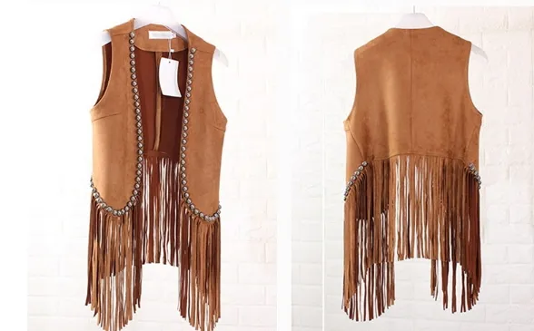 European fashion new design women's autumn sleeveless beading tassel fringe suede leather coat medium long vest cape coat MLXL