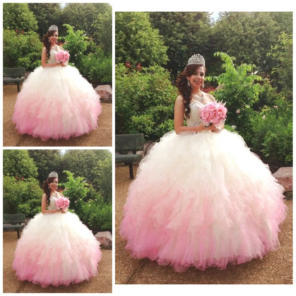 Lindo Gradiente Rosa Quinceanera Vestidos De Cristal Frisado Querida Em Camadas Em Cascata Ruffles Prom Vestido Bonito Até O Chão Lace Up Vestido De Baile