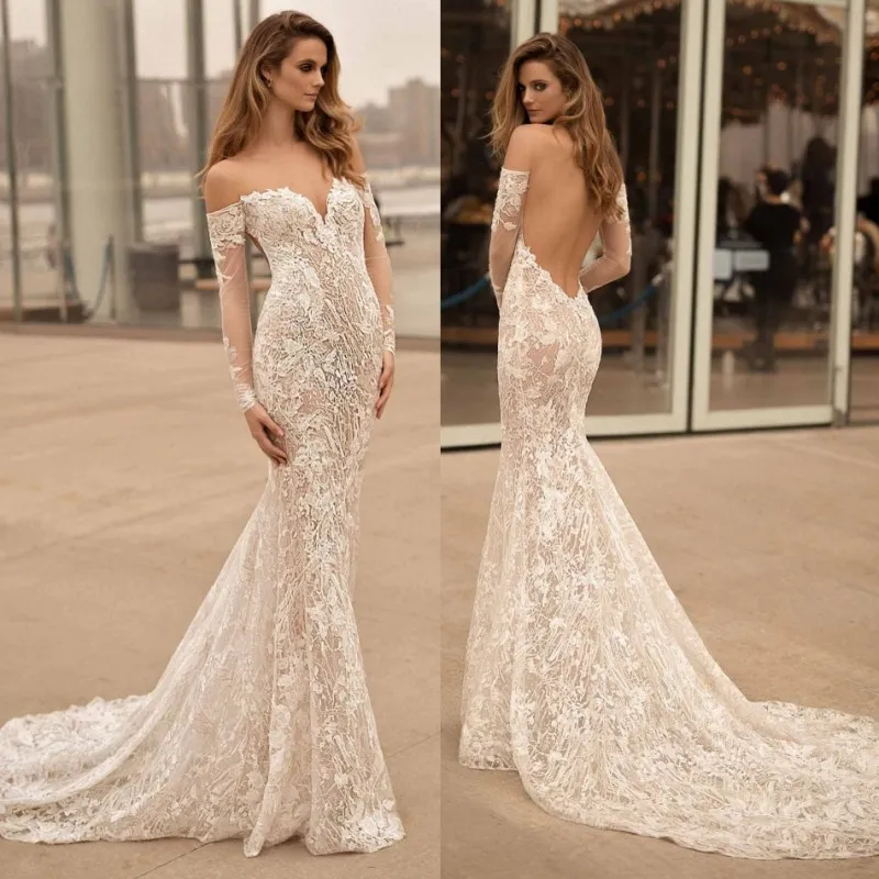 Berta robes de mariée chérie cou manches longues dos nu robes de mariée balayage train dentelle appliquée sirène pays robe de mariée