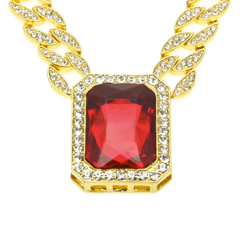 Exagéré Lourd Extra-grossier MIAMI CUBAN LINK Rouge Gemme Pendentif Longues Chaînes Collier Hommes À La Mode Hip Hop Diamante Joyas 76cm Or Argent