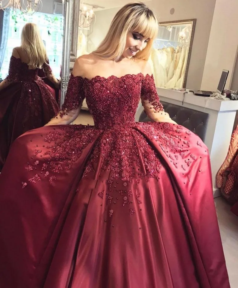 Elegant Burgundy Off Shoulder Prom Dress With Long... From Newdeve, $223.82  | DHgate.Com