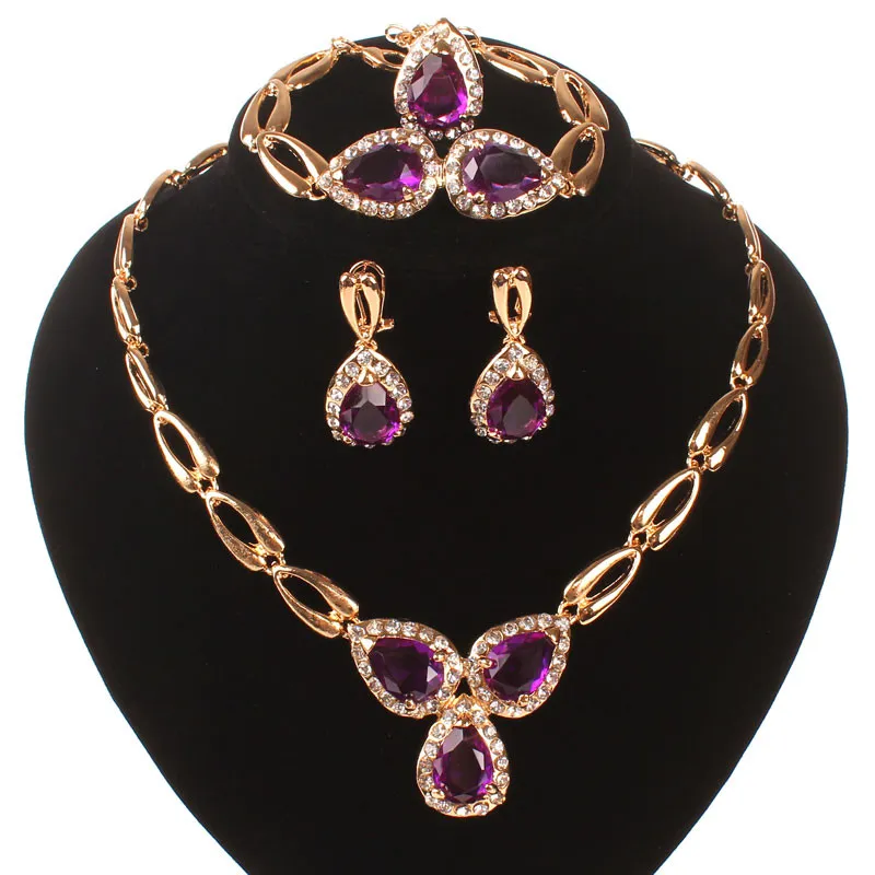 Fashion Purple Gem Austrian Crystal Jewelry Sets Necklace Bracelet Earrings Ring Wedding Party Costume Jewelry Set Boxes