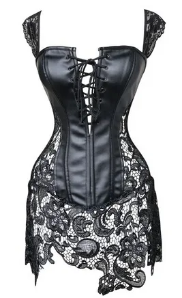 Nya Kvinnor Steampunk Faux Läder Midja Utbildning Lace Up Steel Boned Bustier Top Corset Overbust Brocade Plus Storlek S-6XL