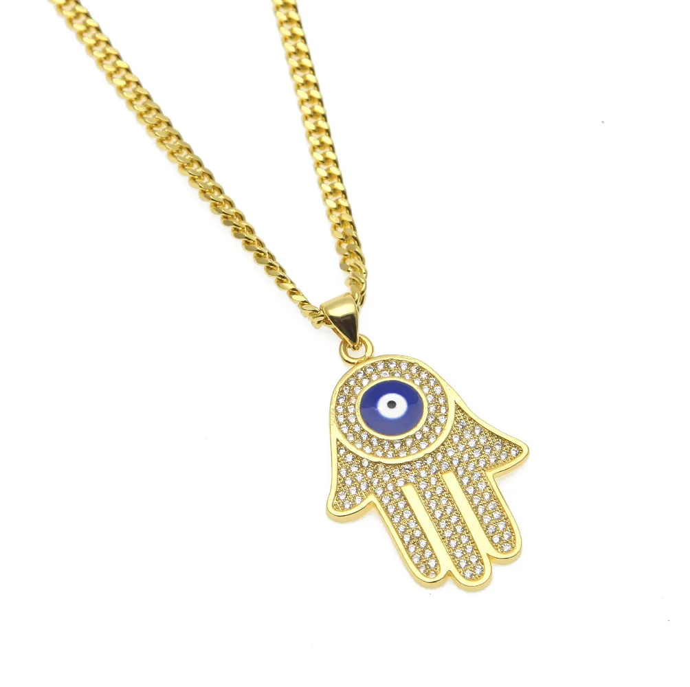 New Blue Evil Eye pendant necklaces Hamsa Hand of Fatima Charm Long Cuban chains For womenmen Hip Hop Fashion Jewelry2229242