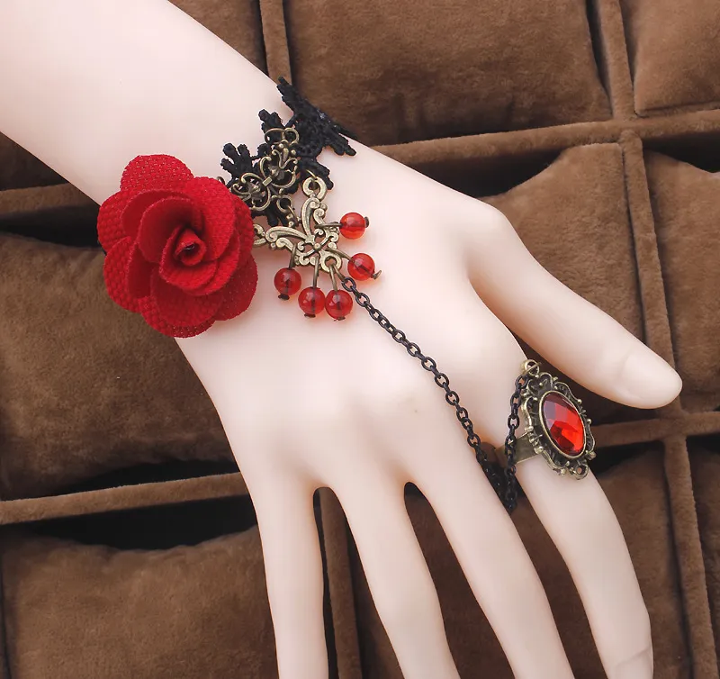 Bracelets en dentelle Rose Vintage avec anneaux intégrés bijoux fleurs cristal fait à la main femmes élégantes nouveauté cadeau de noël 