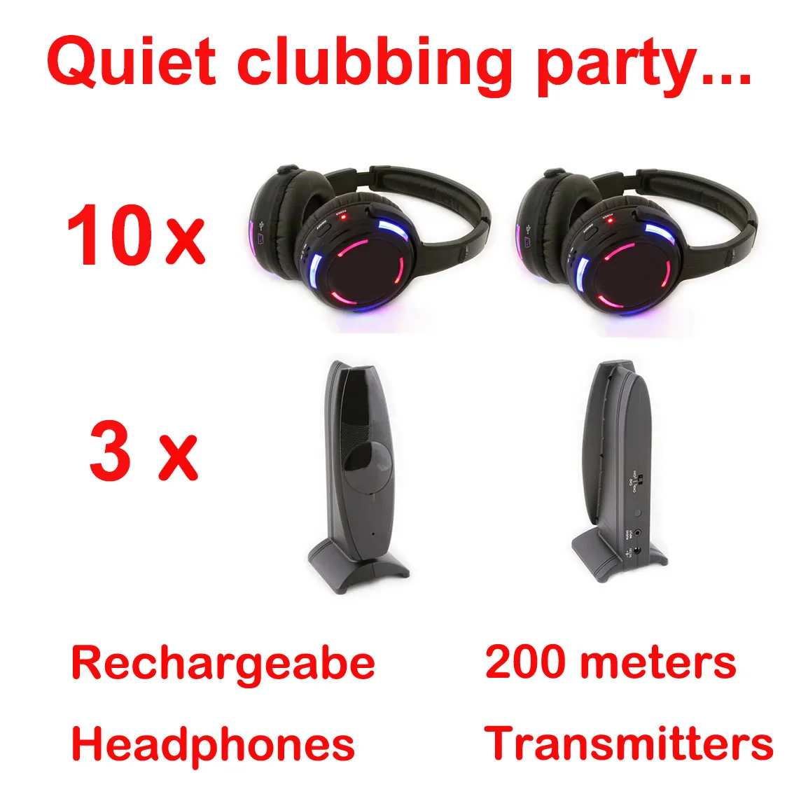 Professionelles Silent Disco-System mit schwarzen LED-Funkkopfhörern – Quiet Clubbing Party Bundle mit 10 Headsets und 3 Sendern