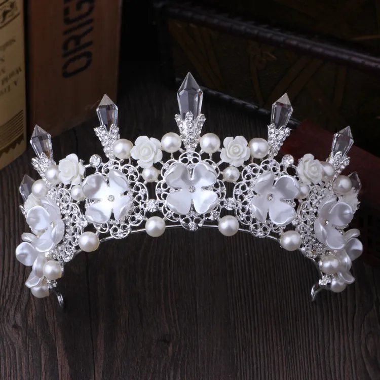 Luxury Silver Crystal Wedding Crown Pearl Bridal Tiara With  display picture 2