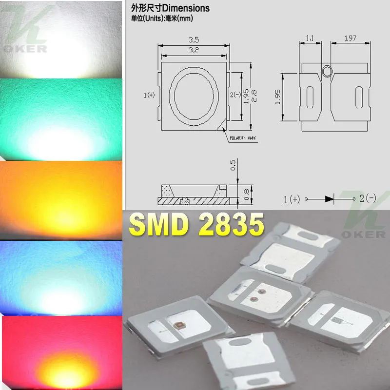 5Color 1000PCS 0.1W SMD 2835白赤青緑色のLEDランプダイオード超明るい