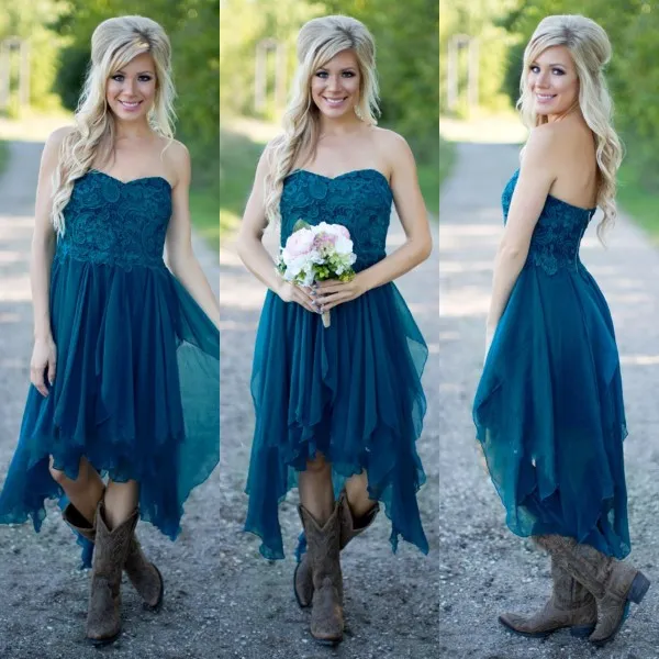 Country Bridesmaid Dresses 2019 Short Hot Cheap For Wedding Teal Chiffon Beach Lace High Low Ruffles Party Maid Honor Gowns Under 100