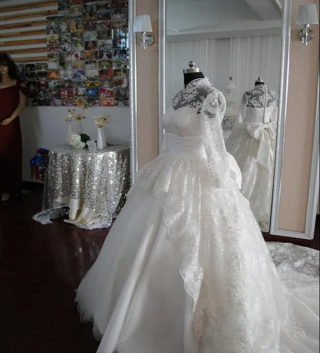 Красивое кружевное свадебное платье с длинными рукавами Высокий воротник Новые свадебные платья Садовое свадебное платье с молнией