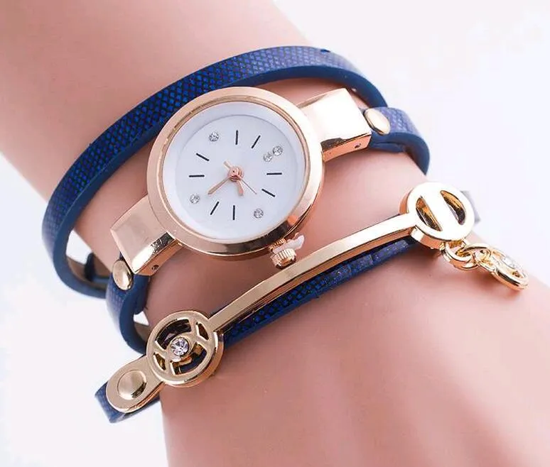 Heiße mehrschichtige Damen-Armbanduhr mit rundem Zifferblatt, PU-Lederband, Rinestones-Schnalle, Armbanduhren für Damen, günstiger kostenloser Versand