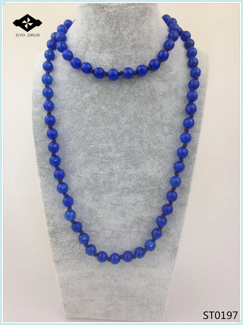 ST0196 32 inches Long Necklace Knotted Colored Facted Stone Royal Blue Purple Green Semi Precious Stone Necklace for women