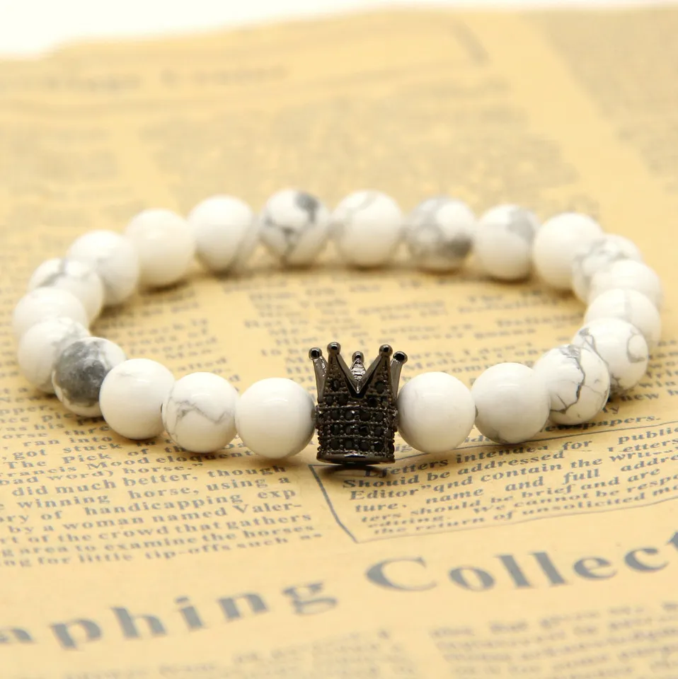 Partihandel 10st / Vit Howlite Marmor stenpärlor Micro Inlay Black CZ Pärlor Crown Mens Armband