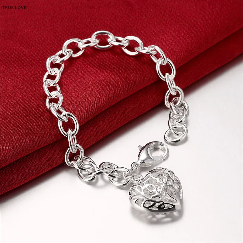 Bracelet à breloques coeur creux plaqué 925 bijoux en argent sterling design classique femme vente cadeau de Noël en gros livraison gratuite