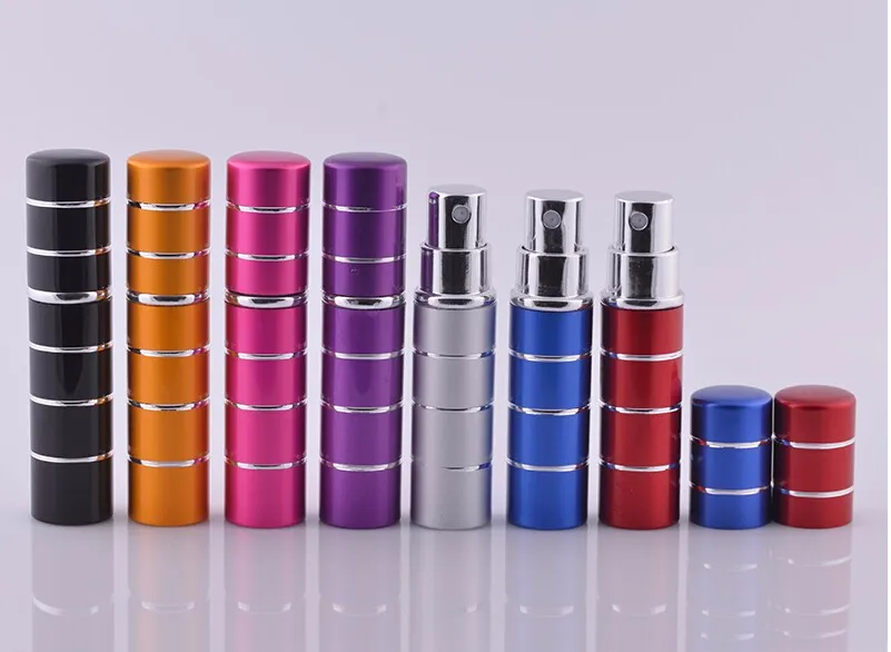 100st / parti 5ml Hot Selling Pump Stitching Glass Perfume Bottle Atomizer Anodized Aluminium Tom Glas Travel Refillerbar Spray